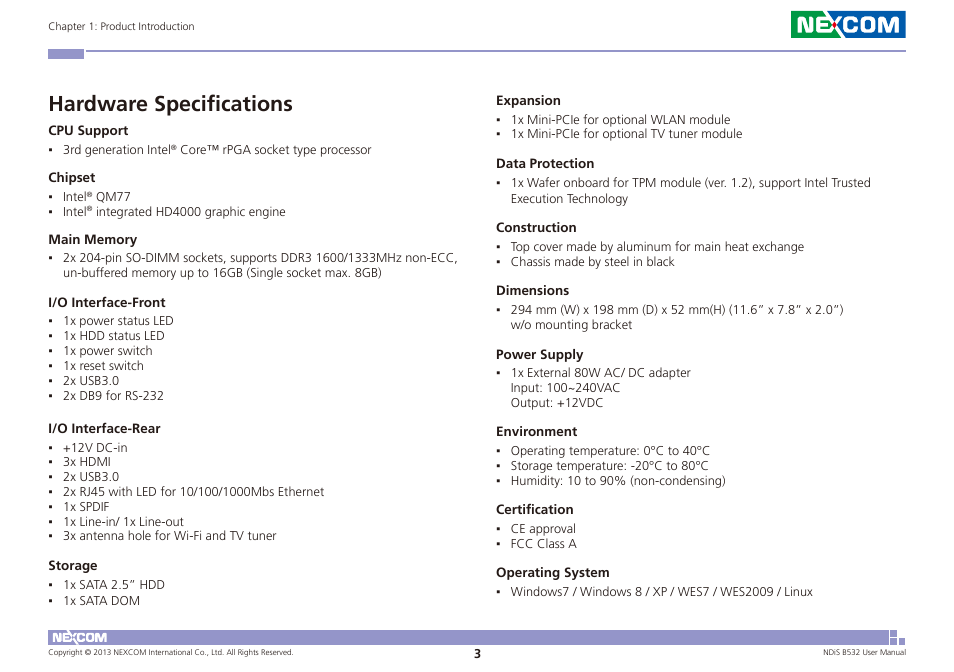 Hardware specifications | NEXCOM NDiS B532 User Manual | Page 17 / 71