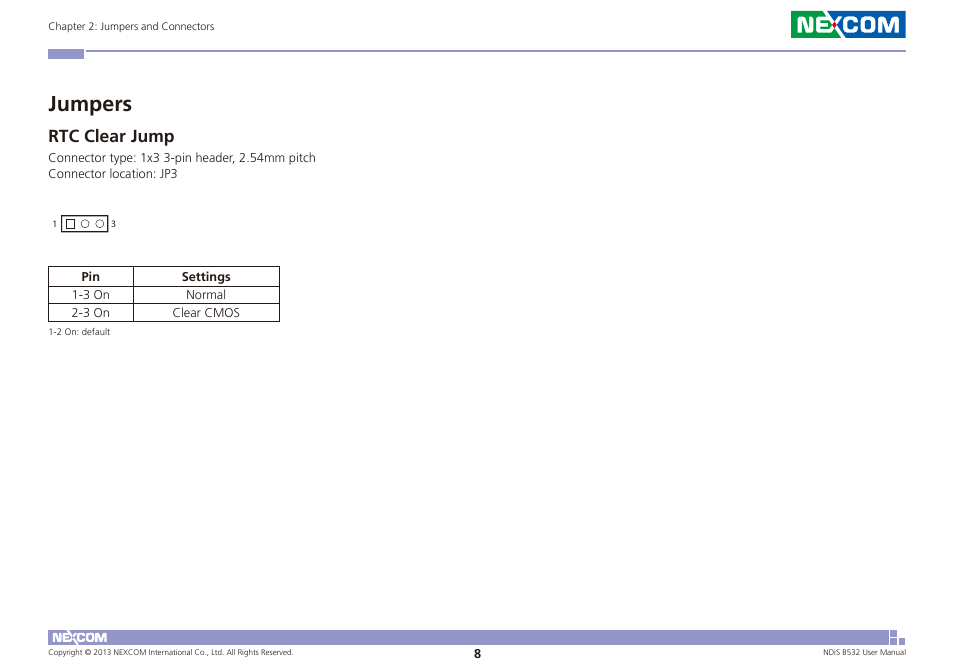 Jumpers, Rtc clear jump | NEXCOM NDiS B532 User Manual | Page 22 / 71