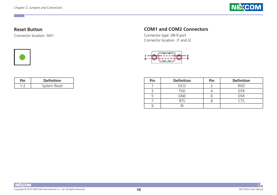 Reset button com1 and com2 connectors, Reset button, Com1 and com2 connectors | NEXCOM NDiS B532 User Manual | Page 24 / 71