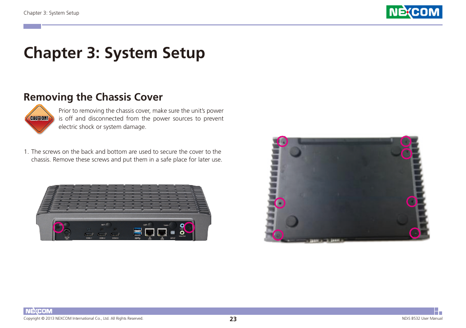 Chapter 3: system setup 23, Removing the chassis cover, Chapter 3: system setup | NEXCOM NDiS B532 User Manual | Page 37 / 71