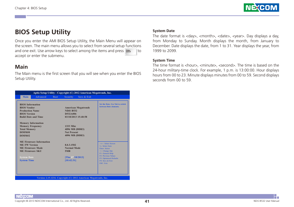 Bios setup utility, Main | NEXCOM NDiS B532 User Manual | Page 55 / 71