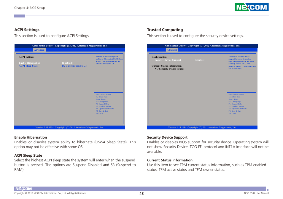 Acpi settings, Trusted computing | NEXCOM NDiS B532 User Manual | Page 57 / 71