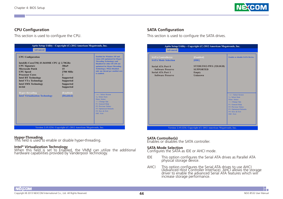 Cpu configuration, Sata configuration | NEXCOM NDiS B532 User Manual | Page 58 / 71