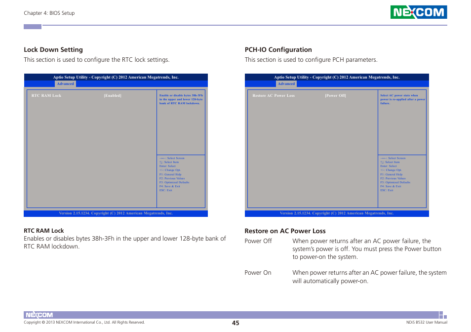 Lock down setting, Pch-io configuration, Restore on ac power loss | NEXCOM NDiS B532 User Manual | Page 59 / 71