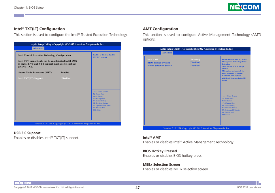 Intel, Txt(lt) configuration, Amt configuration | NEXCOM NDiS B532 User Manual | Page 61 / 71