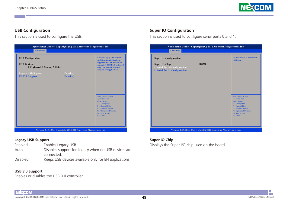 Usb configuration, Super io configuration | NEXCOM NDiS B532 User Manual | Page 62 / 71