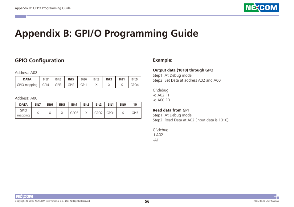 Appendix b: gpi/o programming guide, Gpio configuration | NEXCOM NDiS B532 User Manual | Page 70 / 71