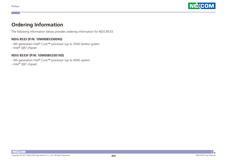 Ordering information | NEXCOM NDiS B533 User Manual | Page 14 / 67