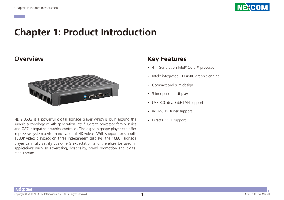 Chapter 1: product introduction, Overview key features, Key features | Overview | NEXCOM NDiS B533 User Manual | Page 15 / 67