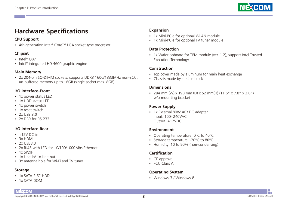 Hardware specifications | NEXCOM NDiS B533 User Manual | Page 17 / 67