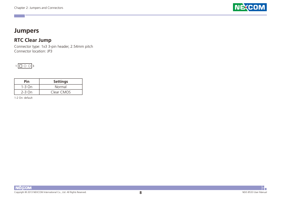 Jumpers, Rtc clear jump | NEXCOM NDiS B533 User Manual | Page 22 / 67