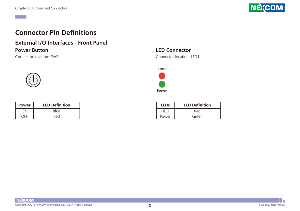 Connector pin definitions, External i/o interfaces - front panel, Power button led connector | Power button, Led connector | NEXCOM NDiS B533 User Manual | Page 23 / 67