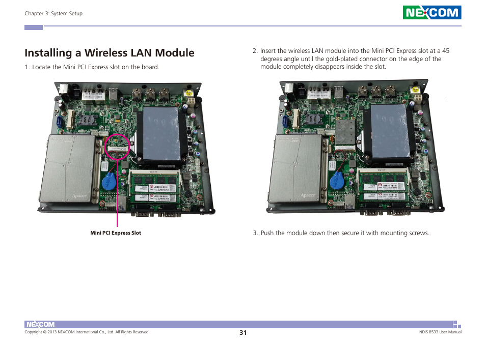 Installing a wireless lan module | NEXCOM NDiS B533 User Manual | Page 45 / 67