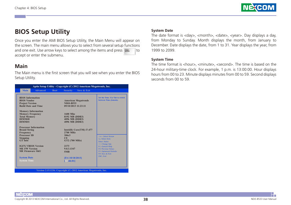 Bios setup utility, Main | NEXCOM NDiS B533 User Manual | Page 52 / 67