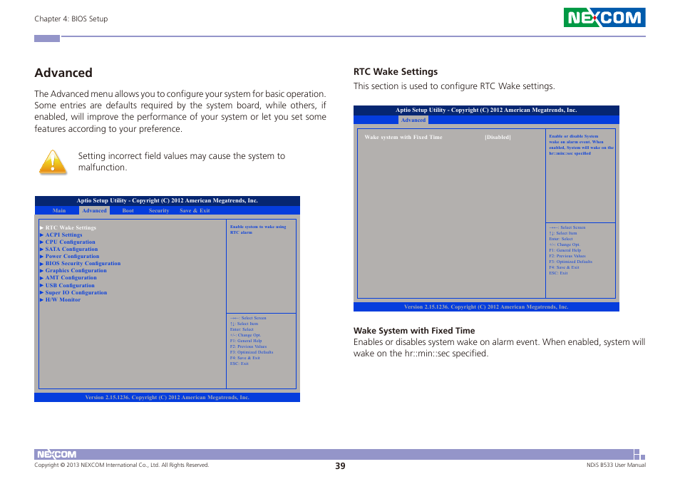 Advanced, Rtc wake settings | NEXCOM NDiS B533 User Manual | Page 53 / 67