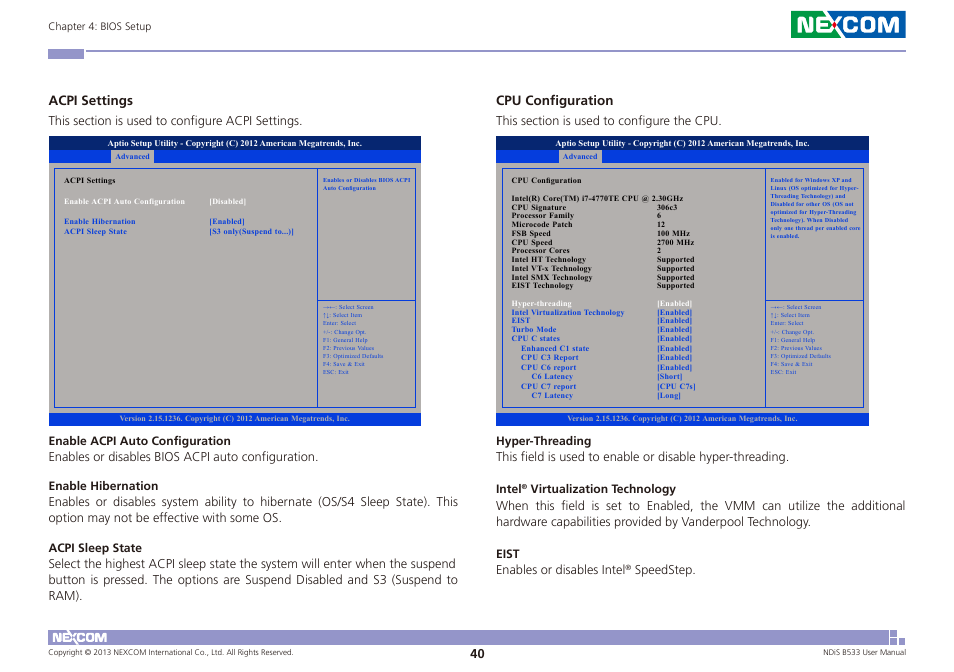 Acpi settings, Cpu configuration, Speedstep | NEXCOM NDiS B533 User Manual | Page 54 / 67