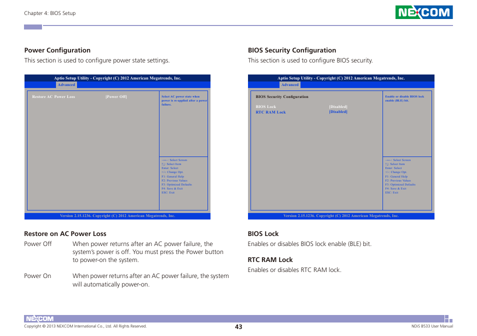 Power configuration, Restore on ac power loss, Bios security configuration | Bios lock, Rtc ram lock | NEXCOM NDiS B533 User Manual | Page 57 / 67