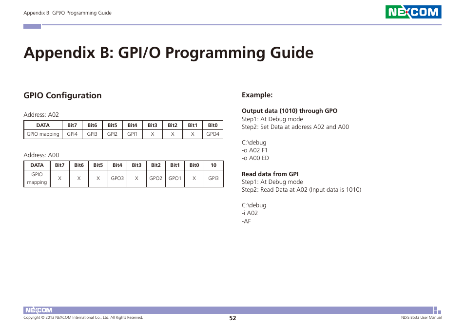 Appendix b: gpi/o programming guide, Gpio configuration | NEXCOM NDiS B533 User Manual | Page 66 / 67