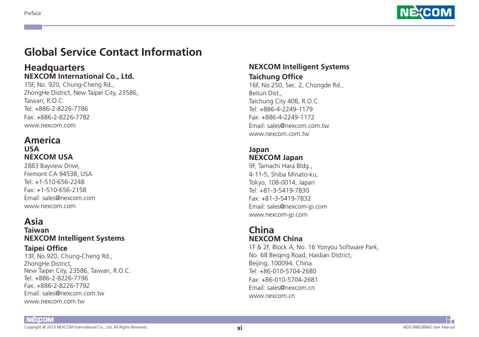 Global service contact information, Headquarters, America | Asia, China | NEXCOM NDiS B842 User Manual | Page 11 / 122