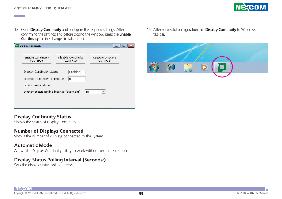 Display continuity status, Number of displays connected, Automatic mode | Display status polling interval (seconds:) | NEXCOM NDiS B842 User Manual | Page 113 / 122