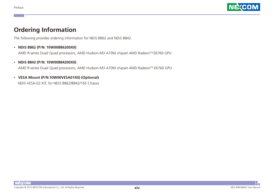 Ordering information | NEXCOM NDiS B842 User Manual | Page 14 / 122