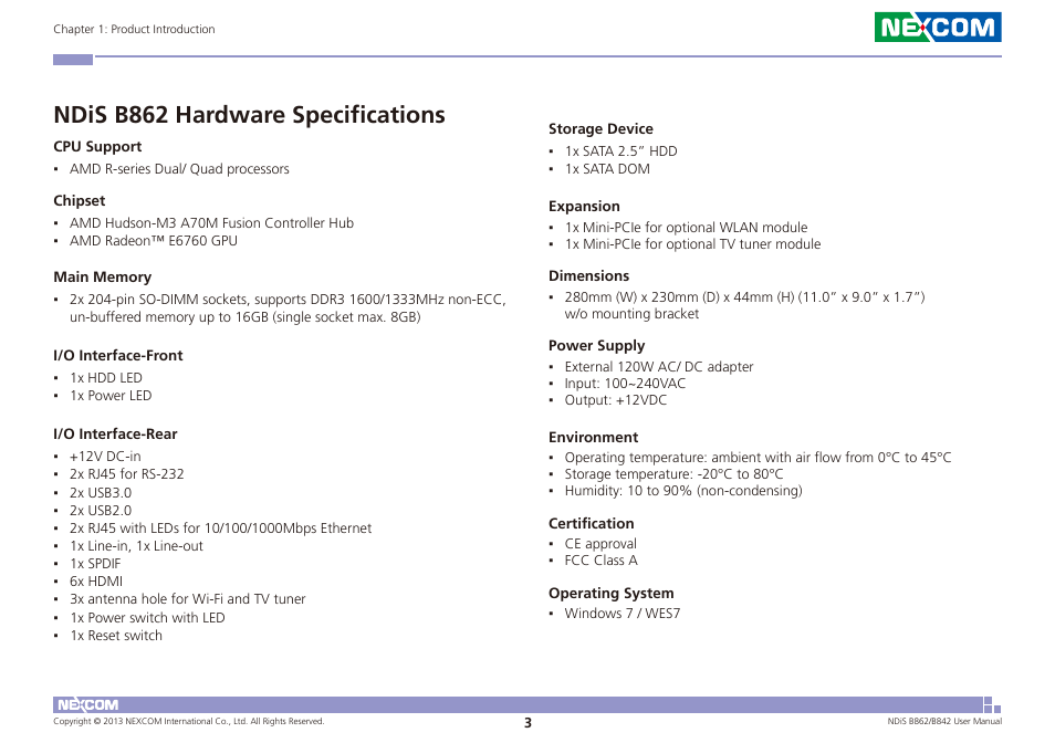 Ndis b862 hardware specifications | NEXCOM NDiS B842 User Manual | Page 17 / 122