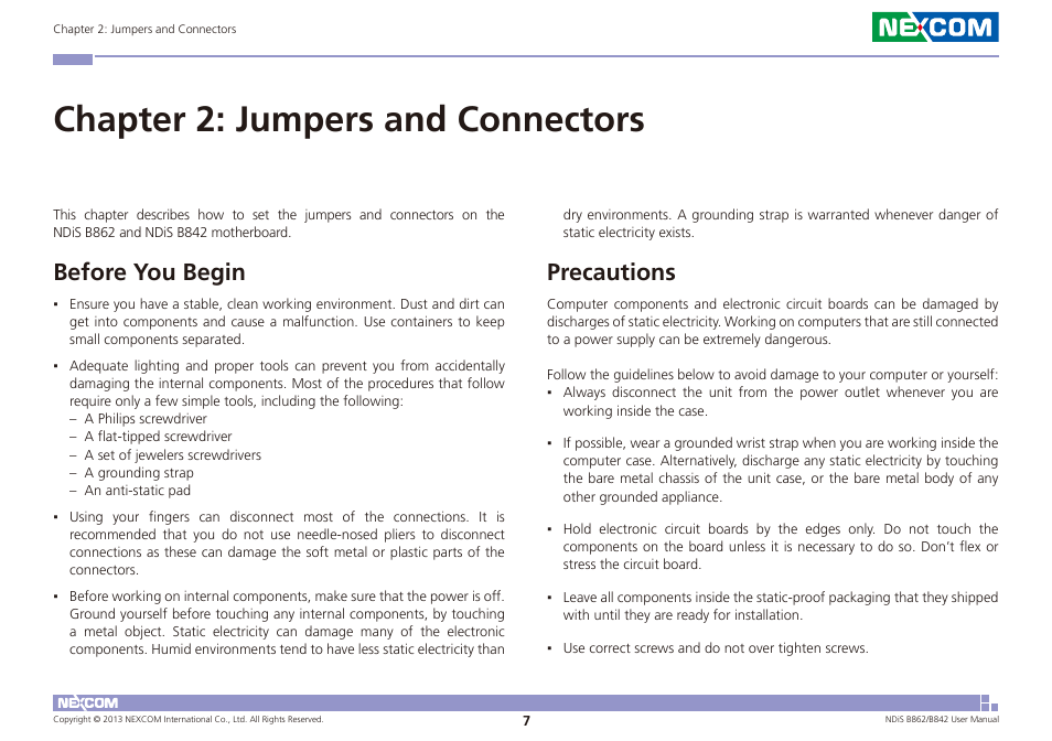 Chapter 2: jumpers and connectors, Before you begin precautions, Before you begin | Precautions | NEXCOM NDiS B842 User Manual | Page 21 / 122