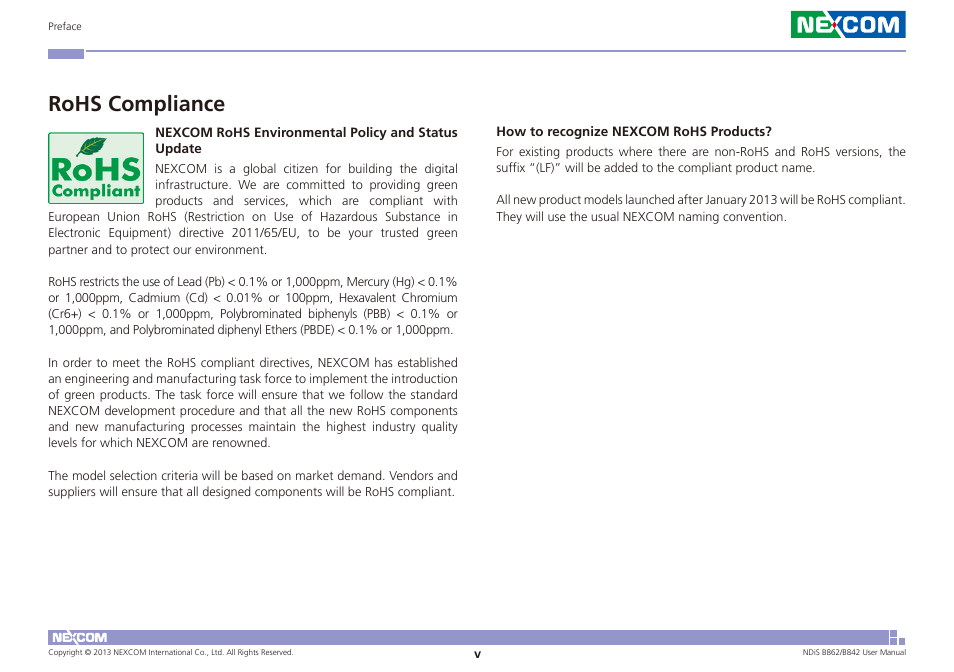 Rohs compliance | NEXCOM NDiS B842 User Manual | Page 5 / 122