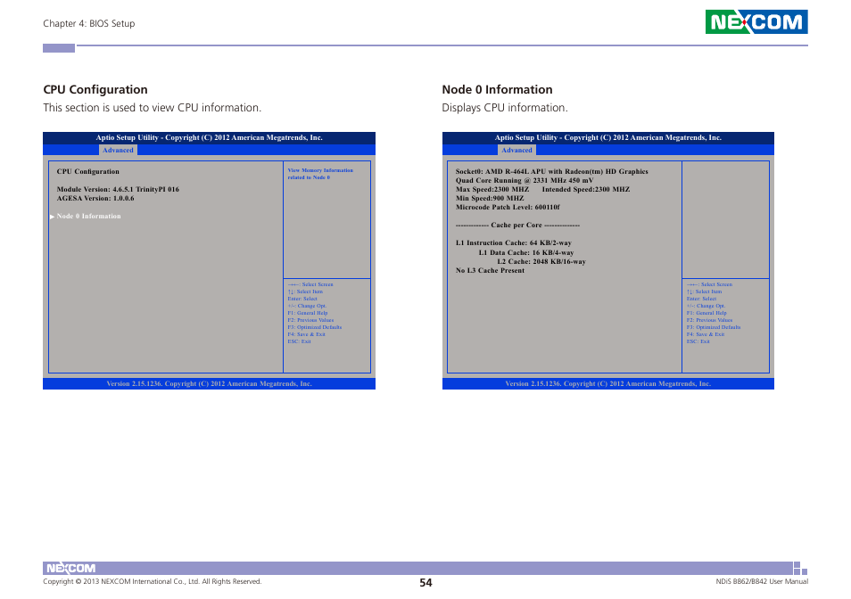 Cpu configuration, Node 0 information, Displays cpu information | NEXCOM NDiS B842 User Manual | Page 68 / 122