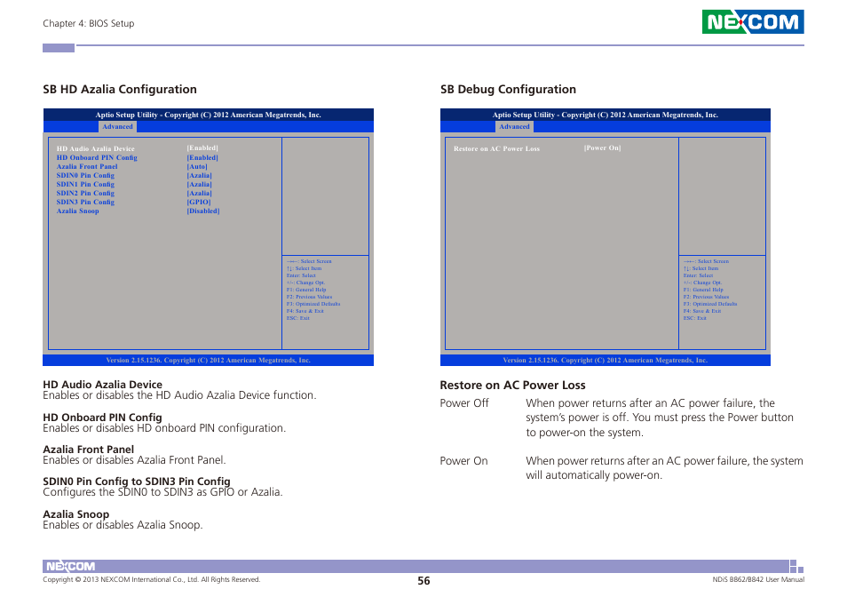 Sb hd azalia configuration sb debug configuration, Restore on ac power loss | NEXCOM NDiS B842 User Manual | Page 70 / 122