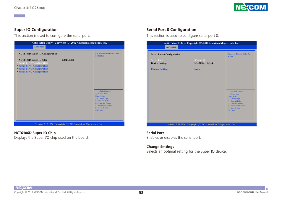 Super io configuration, Serial port 0 configuration | NEXCOM NDiS B842 User Manual | Page 72 / 122