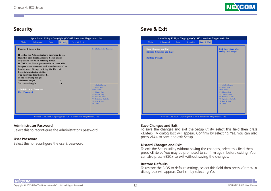 Security save & exit, Security, Save & exit | NEXCOM NDiS B842 User Manual | Page 75 / 122