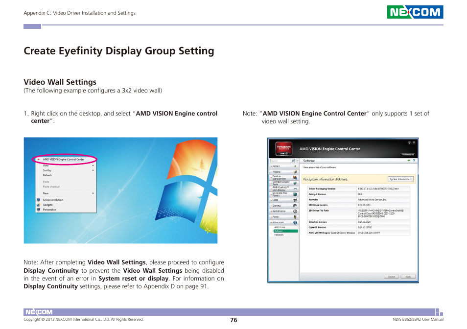 Create eyefinity display group setting, Video wall settings | NEXCOM NDiS B842 User Manual | Page 90 / 122