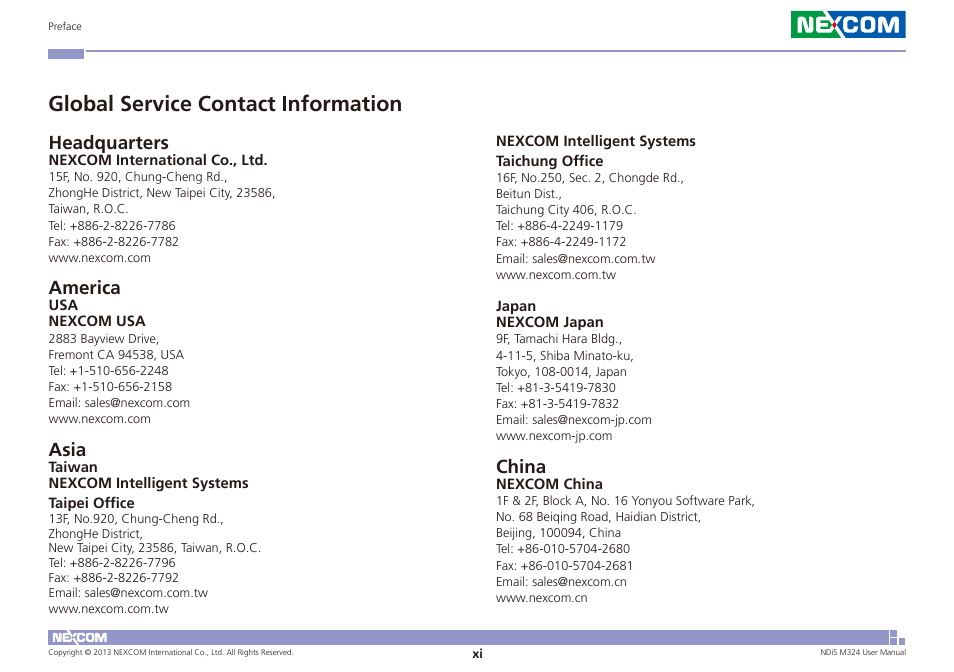 Global service contact information, Headquarters, America | Asia, China | NEXCOM NDiS M324 User Manual | Page 11 / 66