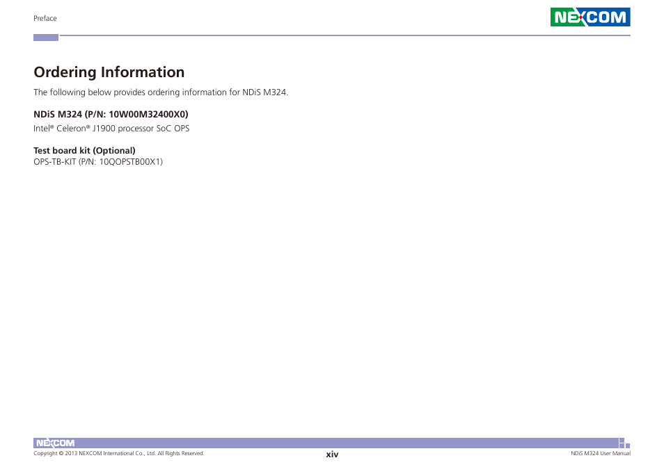 Ordering information | NEXCOM NDiS M324 User Manual | Page 14 / 66