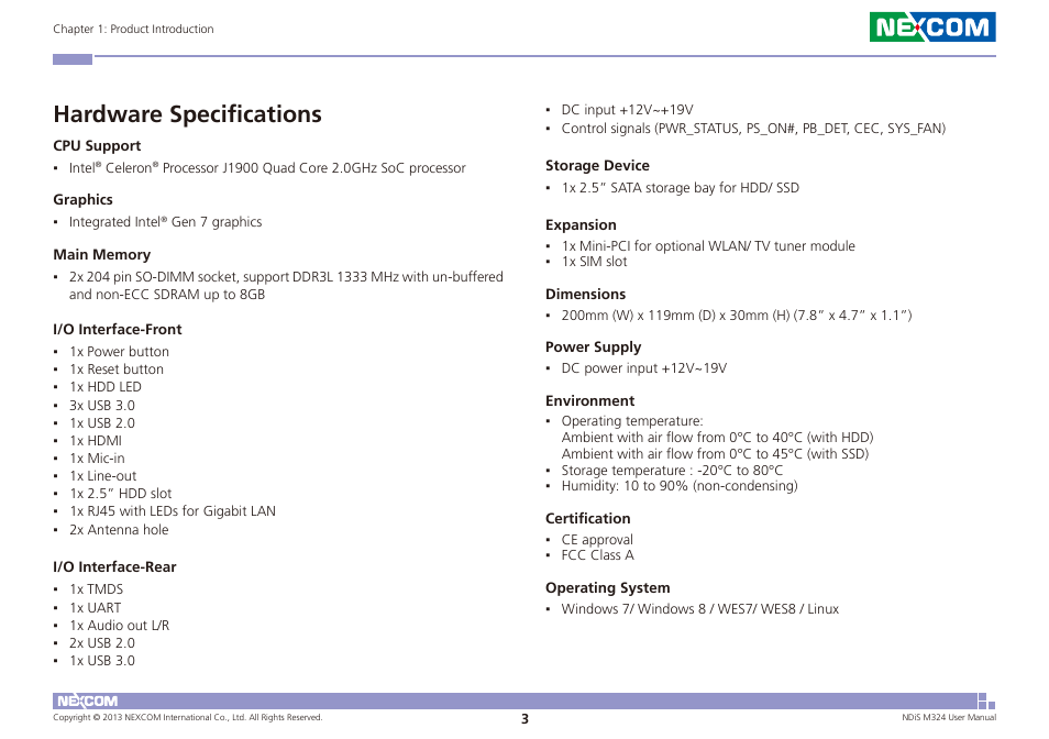 Hardware specifications | NEXCOM NDiS M324 User Manual | Page 17 / 66