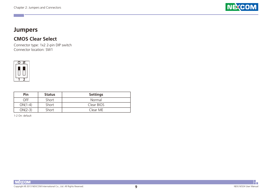 Jumpers, Cmos clear select | NEXCOM NDiS M324 User Manual | Page 23 / 66