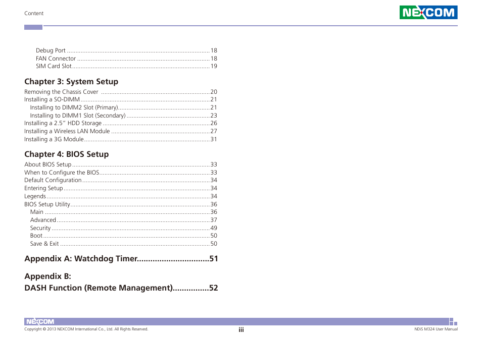 Chapter 3: system setup, Chapter 4: bios setup | NEXCOM NDiS M324 User Manual | Page 3 / 66