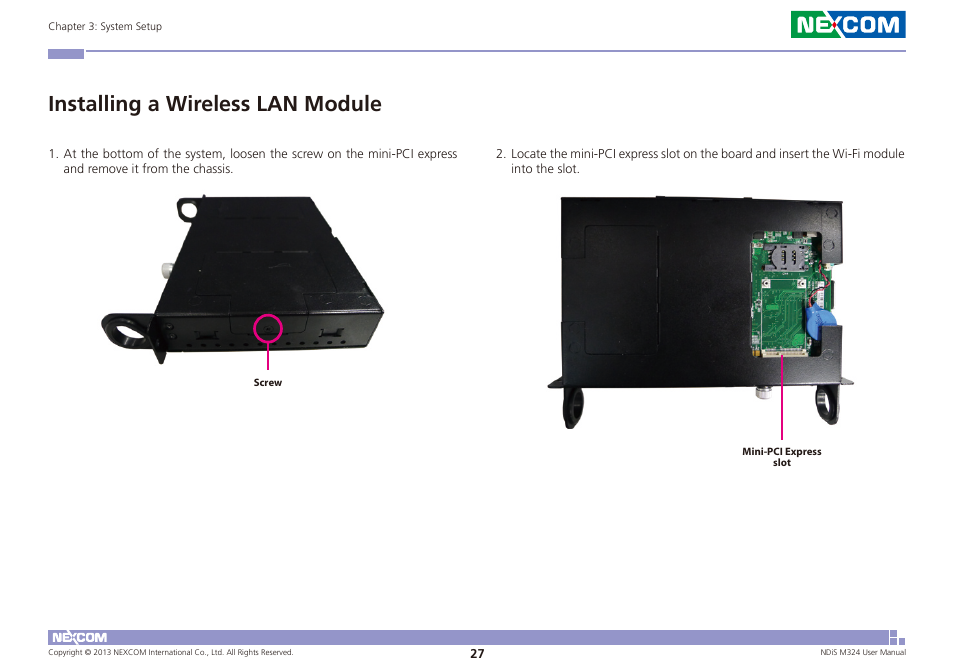 Installing a wireless lan module | NEXCOM NDiS M324 User Manual | Page 41 / 66