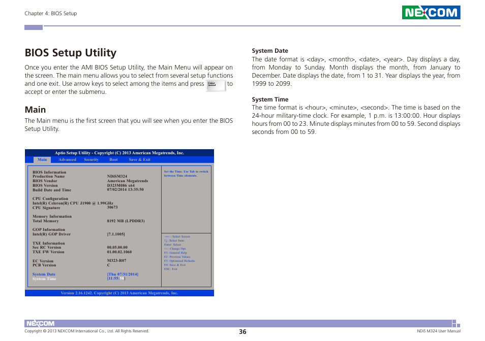 Bios setup utility, Main | NEXCOM NDiS M324 User Manual | Page 50 / 66