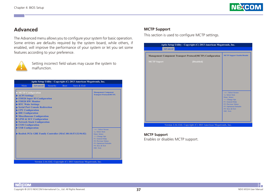 Advanced, Mctp support | NEXCOM NDiS M324 User Manual | Page 51 / 66