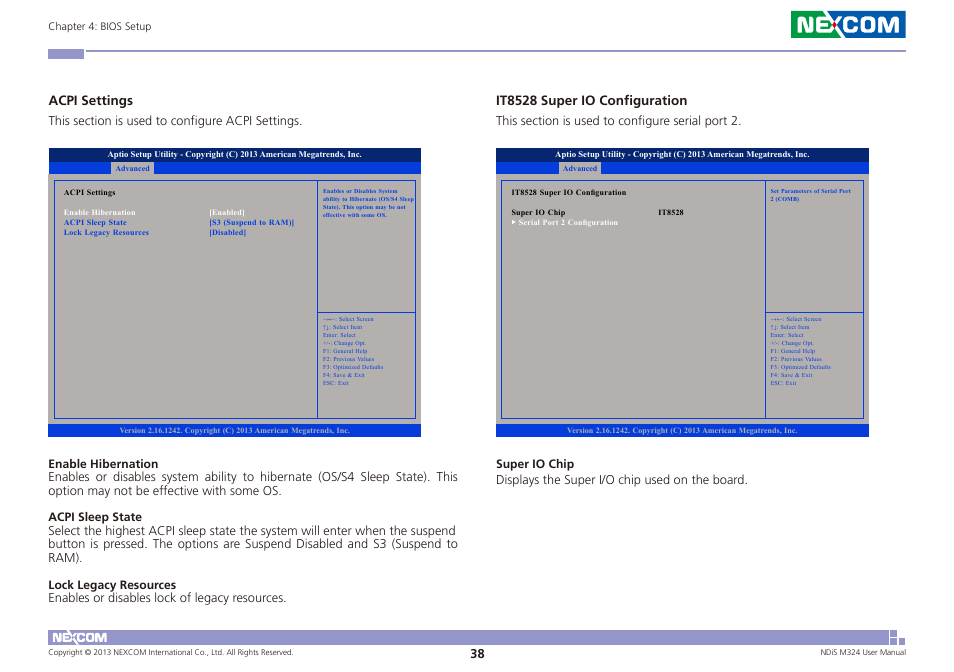 Acpi settings, It8528 super io configuration | NEXCOM NDiS M324 User Manual | Page 52 / 66