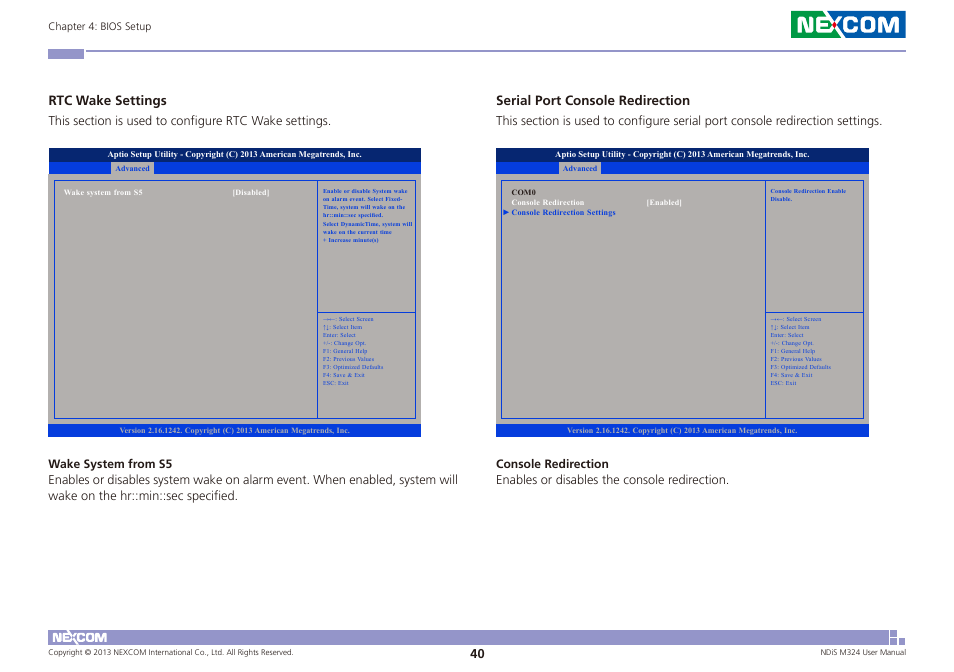 Rtc wake settings, Serial port console redirection | NEXCOM NDiS M324 User Manual | Page 54 / 66