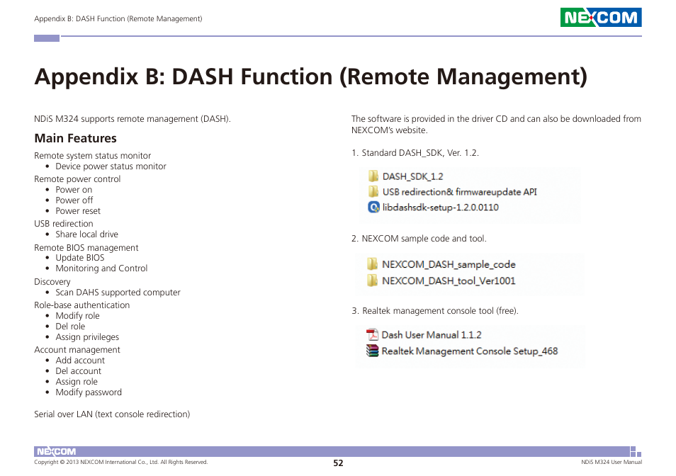 Appendix b: dash function (remote management), Main features | NEXCOM NDiS M324 User Manual | Page 66 / 66