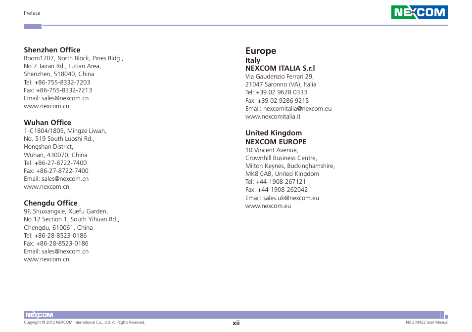Europe | NEXCOM NDiS M422 User Manual | Page 12 / 62