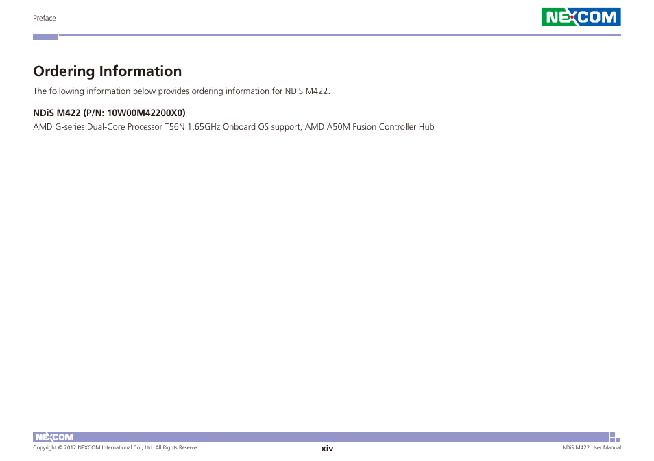 Ordering information | NEXCOM NDiS M422 User Manual | Page 14 / 62