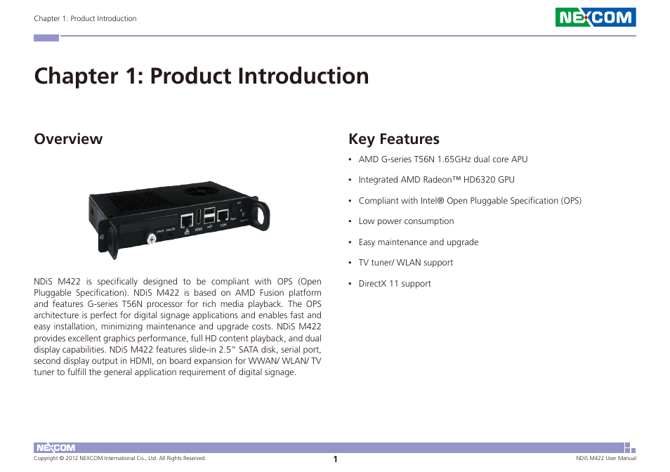Chapter 1: product introduction, Overview key features, Key features | Overview | NEXCOM NDiS M422 User Manual | Page 15 / 62