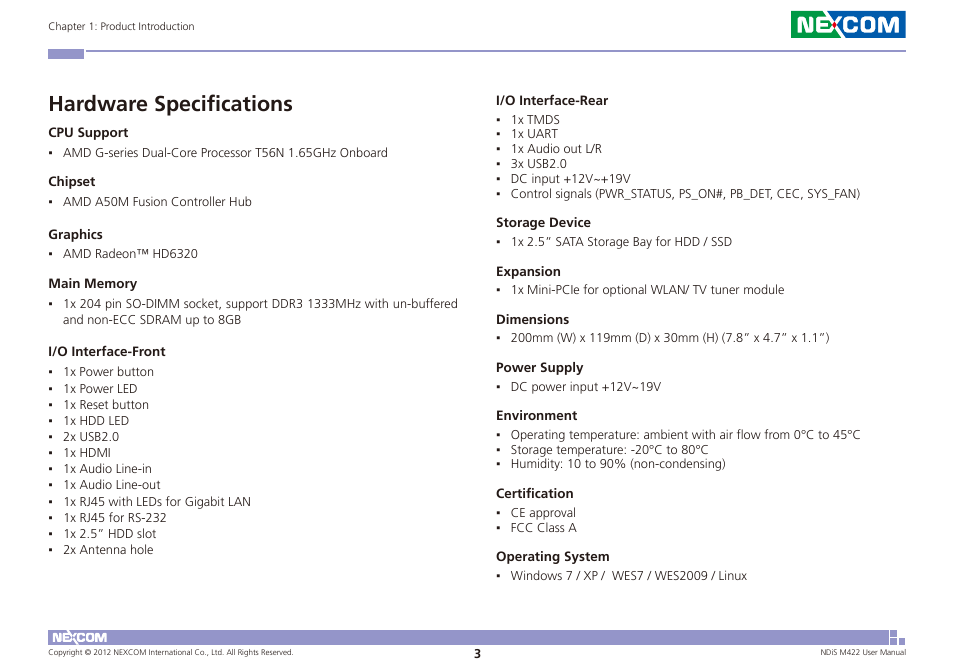 Hardware specifications | NEXCOM NDiS M422 User Manual | Page 17 / 62