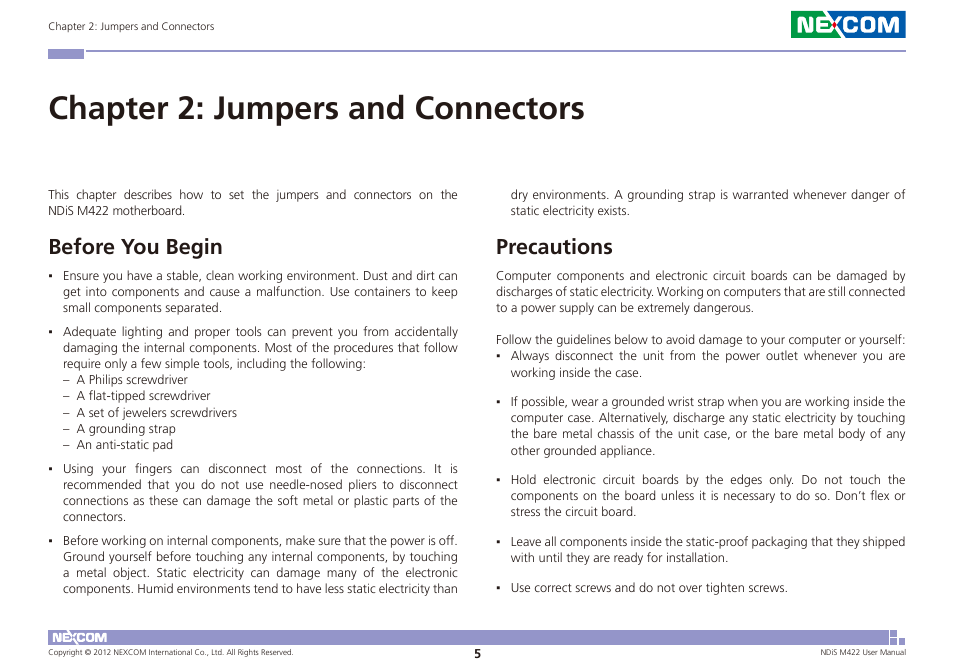 Chapter 2: jumpers and connectors, Before you begin precautions, Before you begin | Precautions | NEXCOM NDiS M422 User Manual | Page 19 / 62