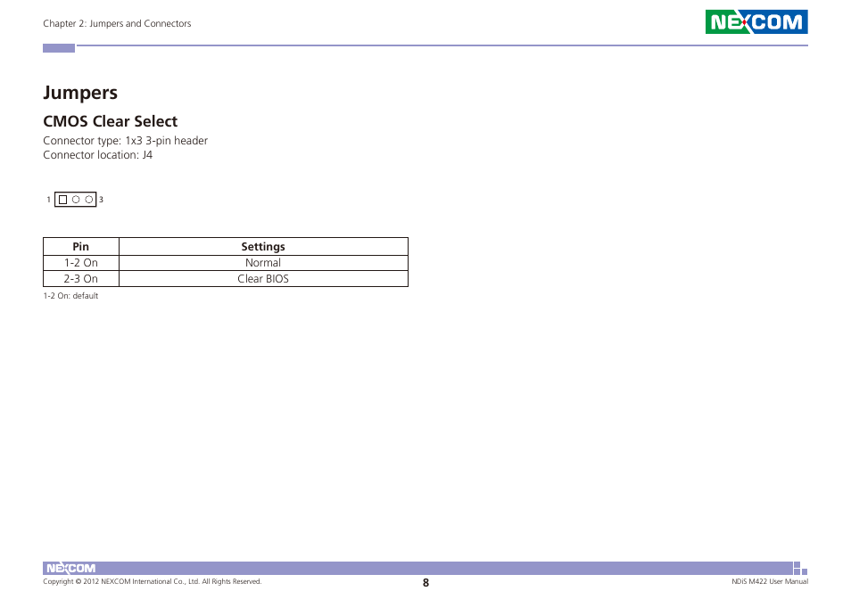 Jumpers, Cmos clear select | NEXCOM NDiS M422 User Manual | Page 22 / 62